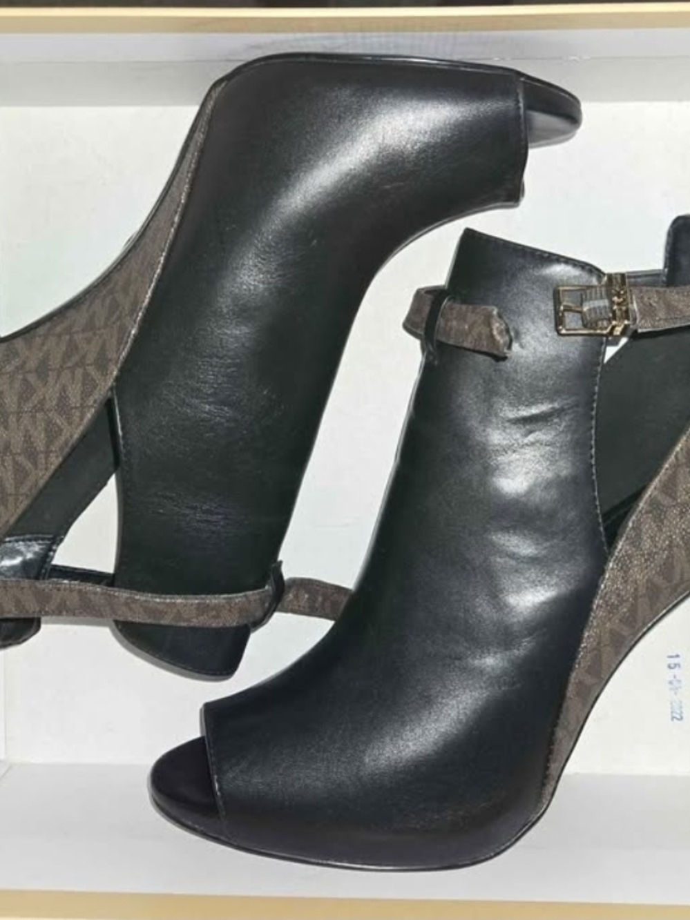 Michael Kors Black Leather Peep-Toe Ankle Boots with Brown Logo Accents
